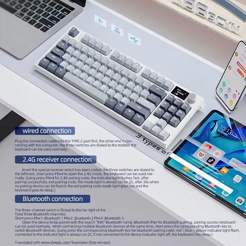 K86 Wireless Hot-Swappable Mechanical Keyboard Bluetooth/2.4g Display Volume Rotary Button Work Gaming