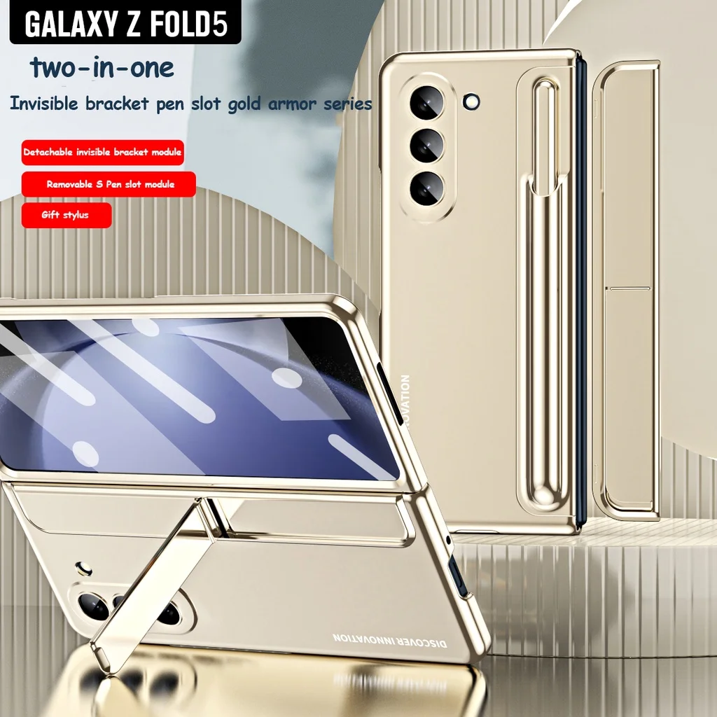 2 In 1 Invisible Pen Holder Stealth Rack Case For Samsung Galaxy Z Fold 5 Fold 4 5G Case with Hinge Protective Film Cover