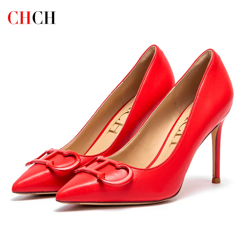 CHCH Women's High Heels New Pointed Metal Buckle Party Carnival Women's Shoes 9cm 4
