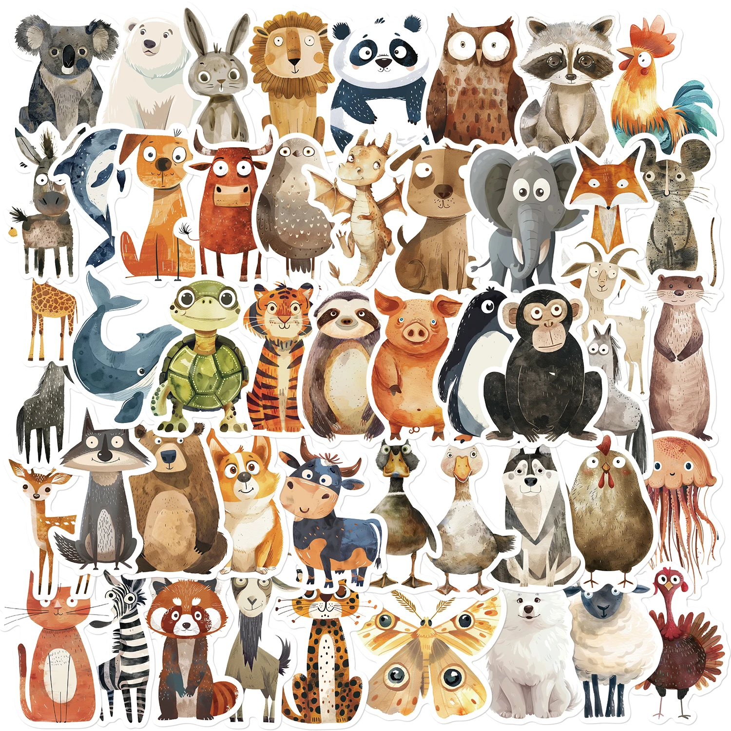 50PCS Cute Strange Watercolor Animals Cartoon Stickers DIY Laptop Phone Luggage Cup Waterproof Graffiti Bicycle Car Decals