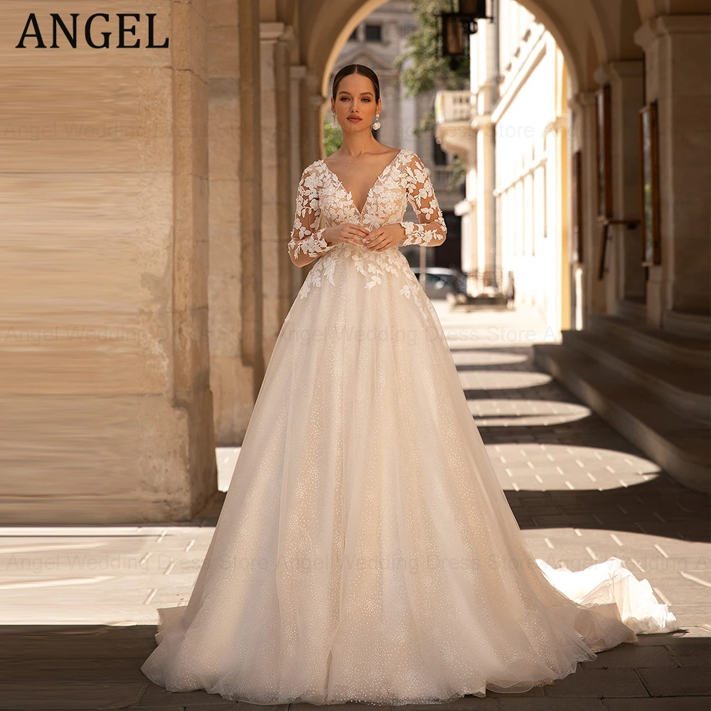 

ANGEL Exquisite Wedding Dresses Long Sleeves Sexy Backless Bride Gowns Applique Princess Tulle A-Line vestidos de novia