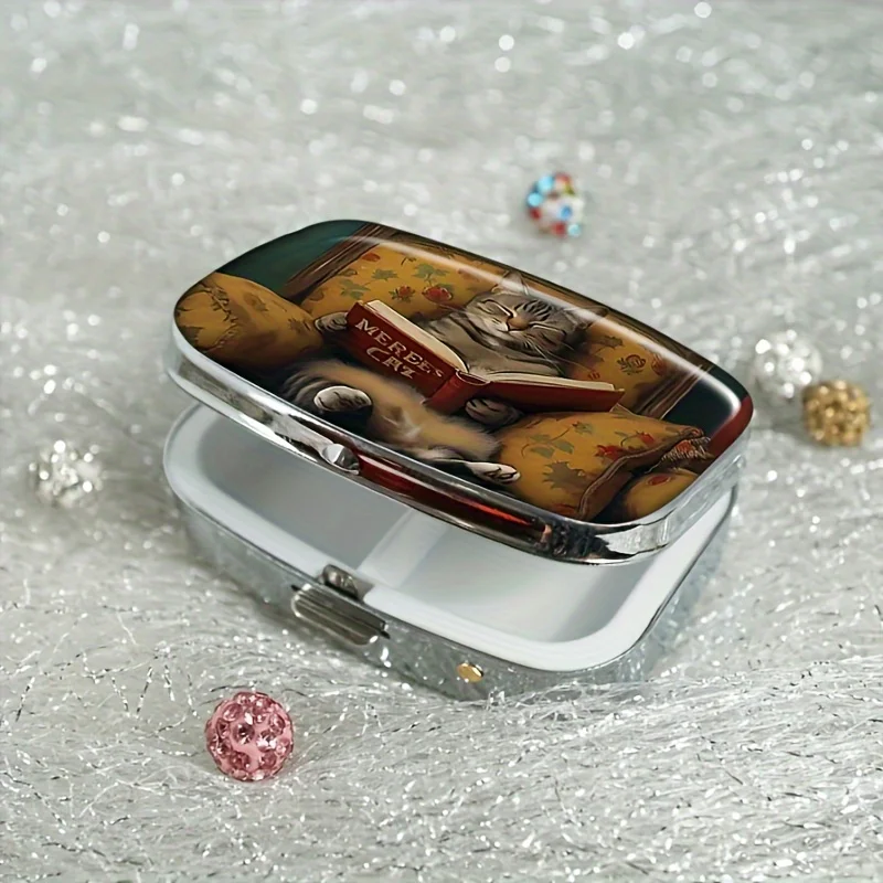 Cute Cat Pattern Metal Medicine Box with 2 Compartments, Portable Medicine Finishing Box, Suitable for Wallet and Travel