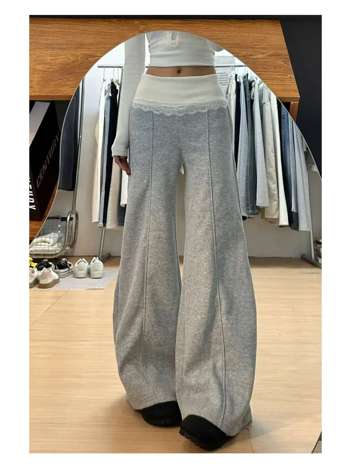 HOUZHOU Gray Lace Patchwork Women Pants Wide Leg Korean Fashion Sweatpants Solid Color Straight Trousers Baggy Basic Casual