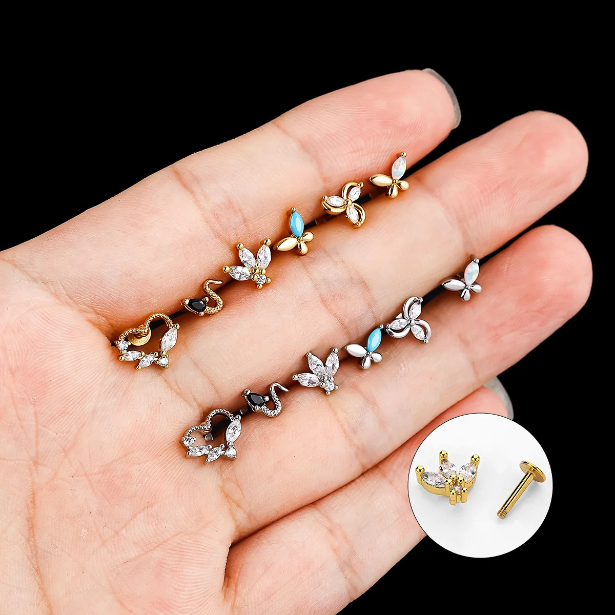 

1PC Stainless Steel CZ Heart Butterfly Stud Earring Fashion Ear Bone Nail Lip Stud Flat Back Cartilage Earrings Piercing Jewelry