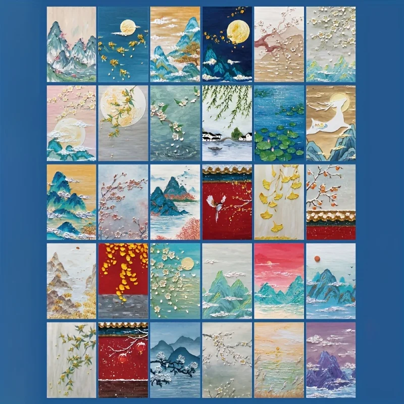 30 oil painting postcards art greeting cards layered art greeting cards Flower and Grass Mountain Butterfly Moon
