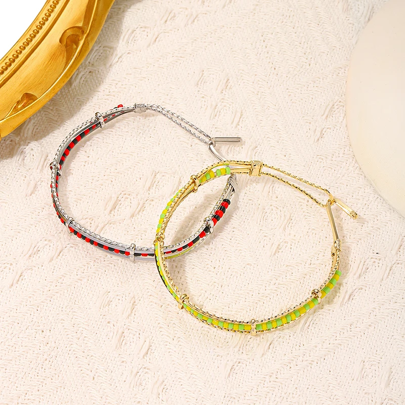 G&D Noble Bohemia Handmade Ethnic Beads Bangle for Women Gift Gold Plated Babalawo Green and Yellow Beads Bangle Orula Bracelet 3