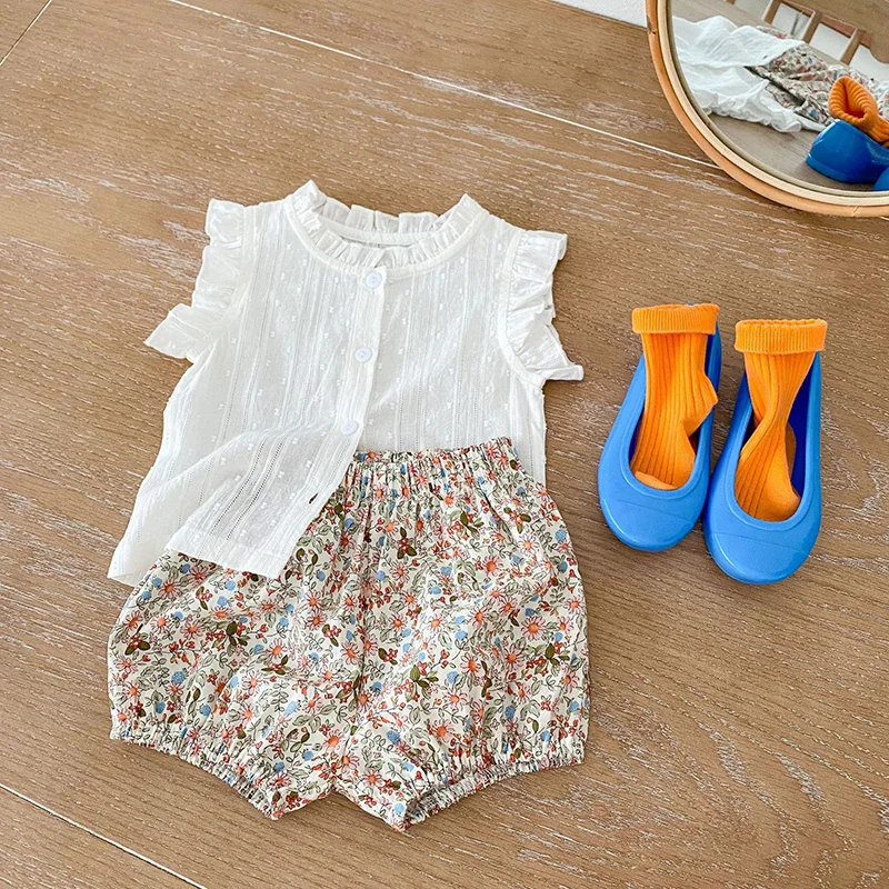 MILANCEL 2022 Summer Baby Clothing Set  Toddler Girls Floral Suit Ruffle  Tee And Floral Shorts 2 Pcs Girls Clothes Set newborn baby clothing set