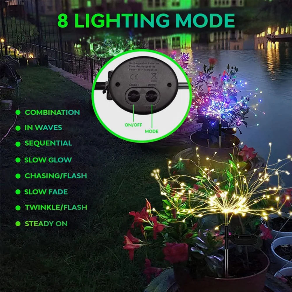 2Pcs LED Sparklers Firework Lamp Solar Fairy Light Waterproof Solar Starburst Lights for Yard Patio Pathway Lawn Flowerbed Decor