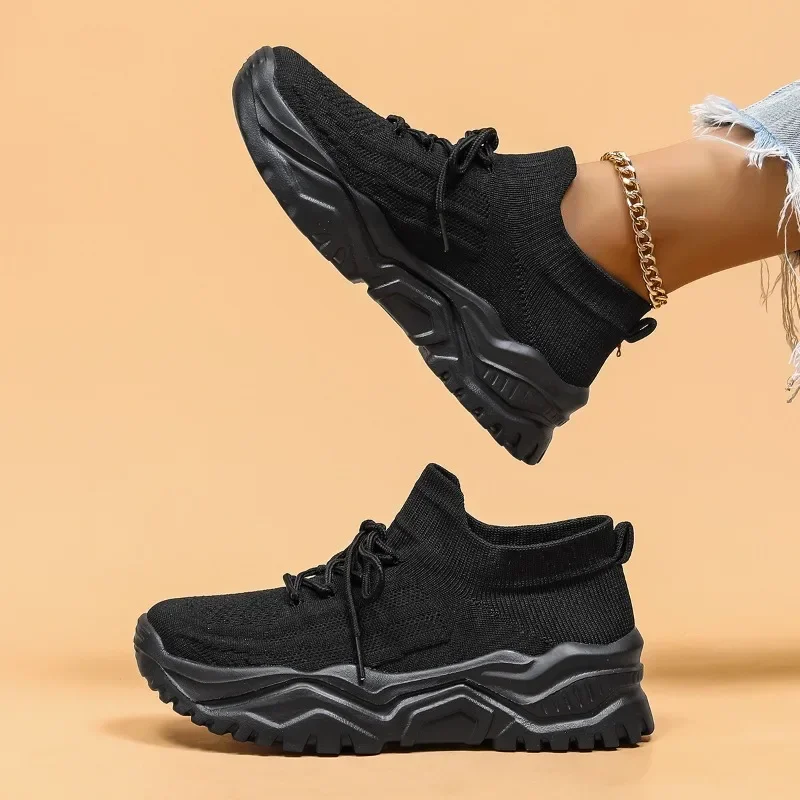 Fashion Stretch Knitting Sneakers for Women 2024 Autumn Couple Lace Up Non Slip Flats Casual Sports Shoes Woman Plus Size 44 2