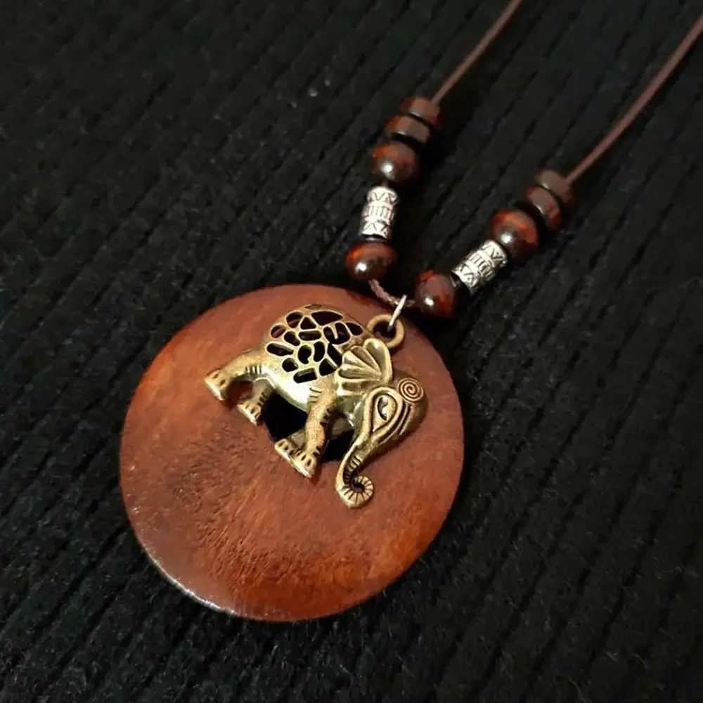 Vintage Wooden Owl Pendant Necklace - Ethnic Long Chain Jewelry