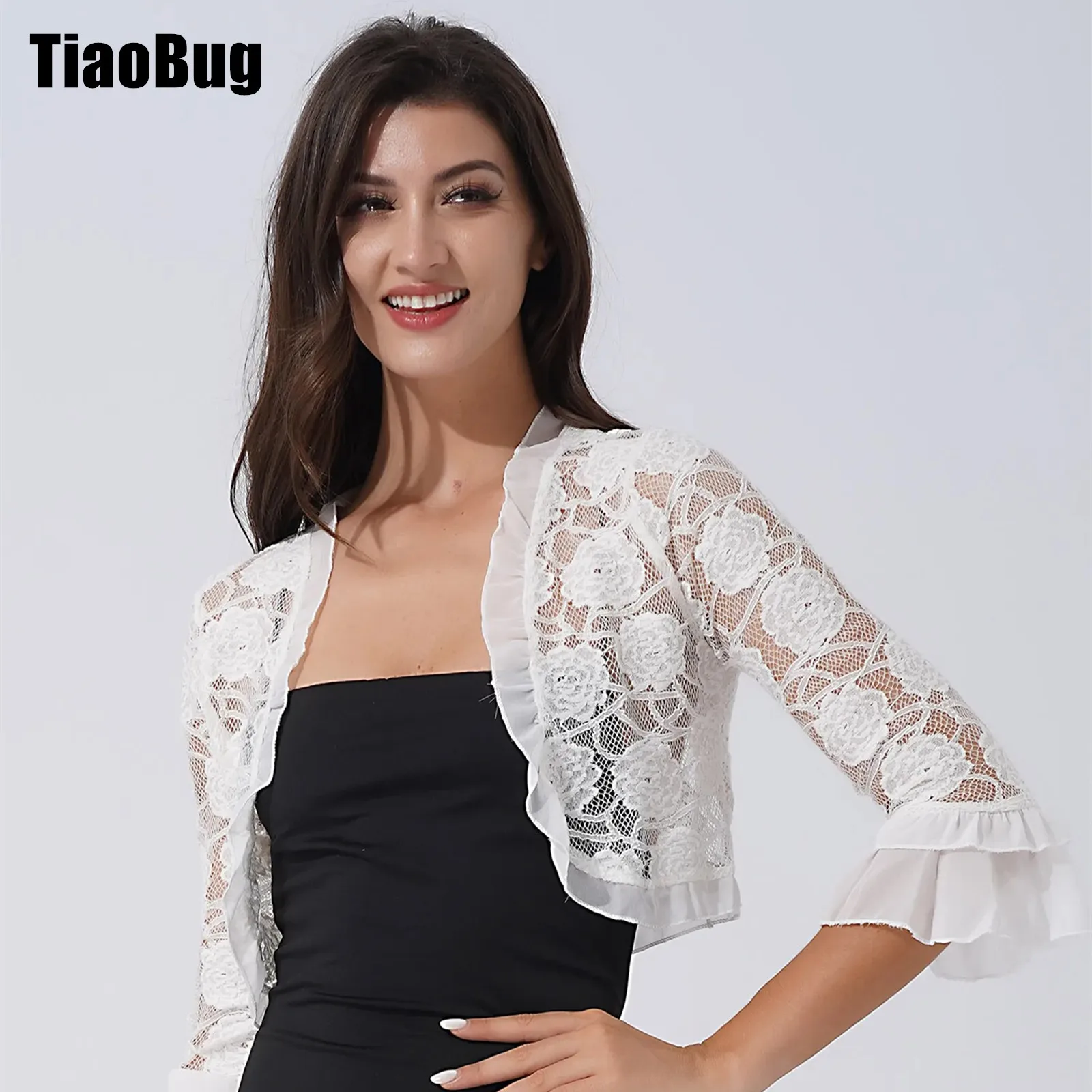 Womens Half Sleeve Bolero Cardigan Elegant Ruffle Open Floral Lace Shrug Shawl Wraps for Wedding Party Evening Dresses Cover Ups womens elegant bolero sheer lace chiffon shawl wraps cardigan woman s shrug open front wedding cape cover ups bridal wrap