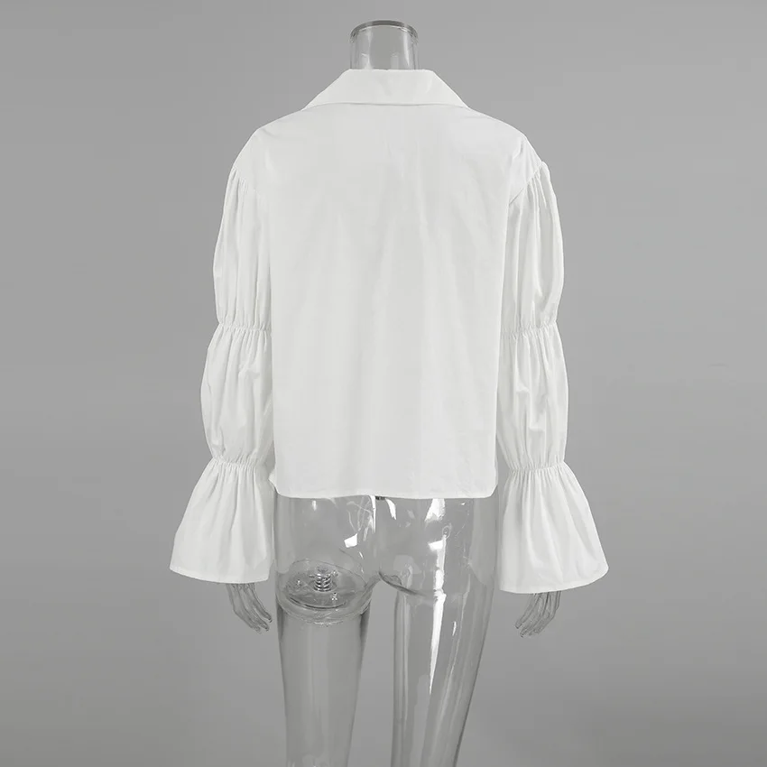 Blusa de gasa con cordones y aberturas para mujer, blusa de manga larga con solapa y parches, estilo vendaje, ropa de abrigo blanca para mujer