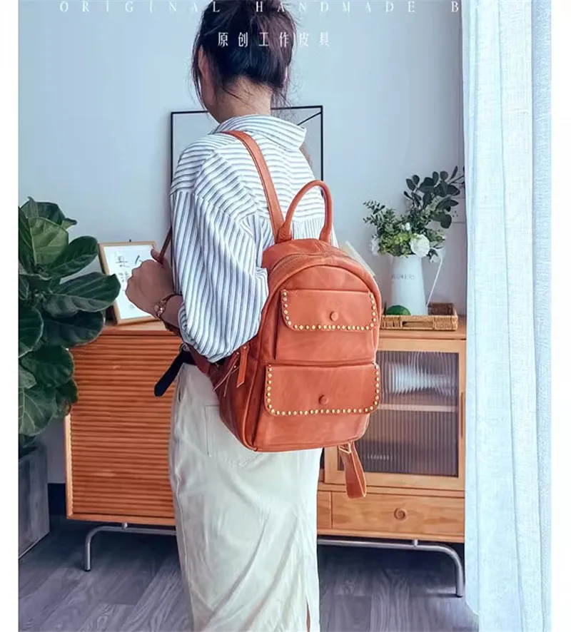 Pndme Outdoor Travel Designer hand gefertigte Echt leder Frauen Rucksack lässig Luxus natürliche echte Rindsleder weibliche Niet Schult asche – Detail 8