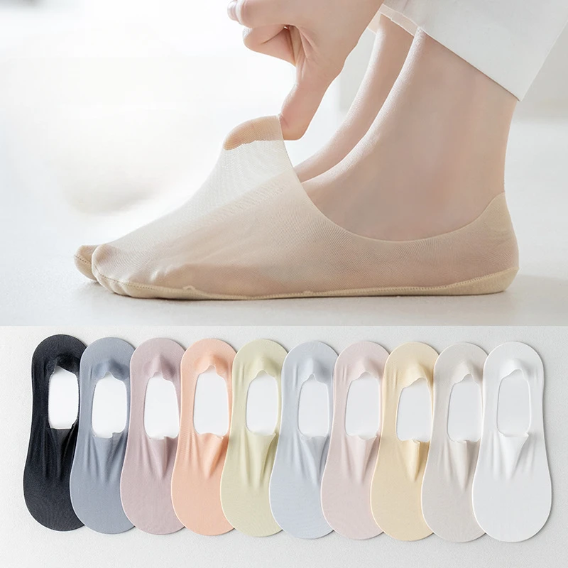 

5Pairs Women Invisible Boat Socks Breathable Silicone Non-slip Ultra-thin Sock Slippers High Quality Elastic Ice Silk Low Sox