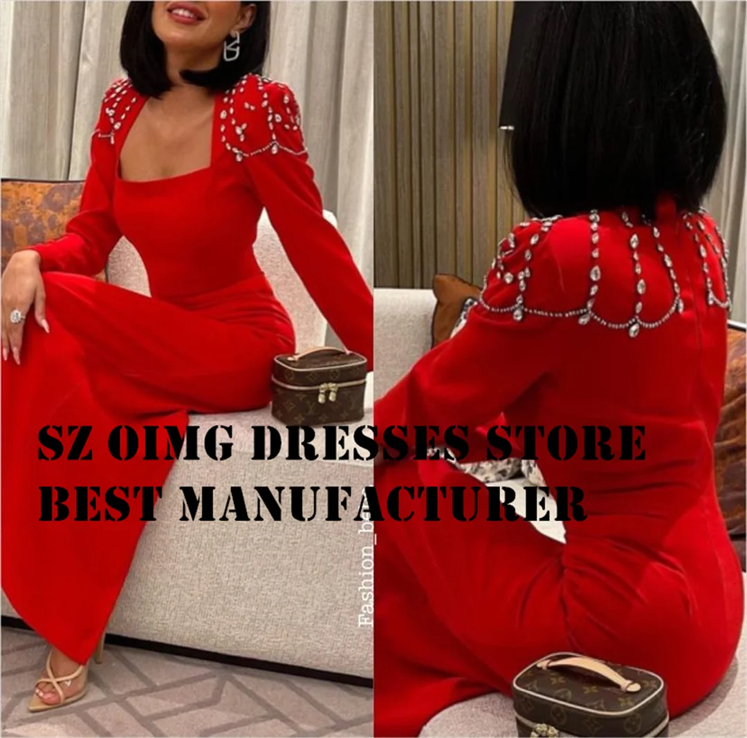 

OIMG Square Neck Prom Dresse Crepe Satin Long Sleeves Red Mermaid Vintage Women Crystals Evening Gowns Formal Party Dress