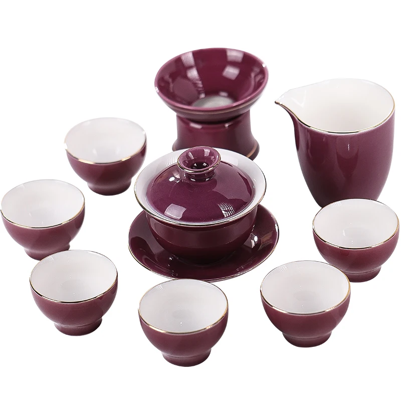 Purple Ceramic Tea Set High End Household Tea Set Office Tea Bowl San Cai Gai Bowl Kung Fu Teaset Accessories Fair Cup