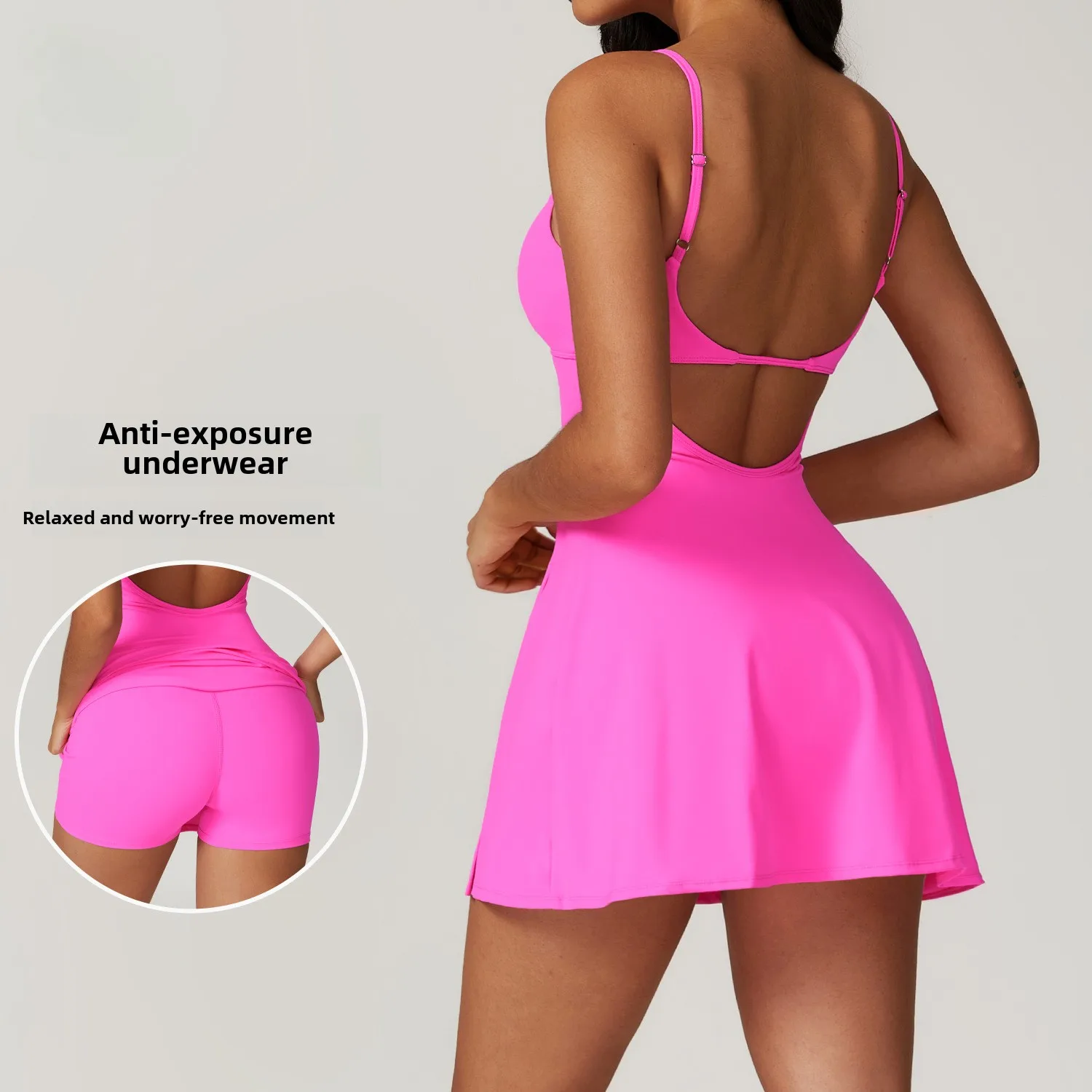 New Tennis Dress Sports Dress with Chest Pad Breathable Outdoor Golf Yoga Tennis Skirt with Shorts and Pocket