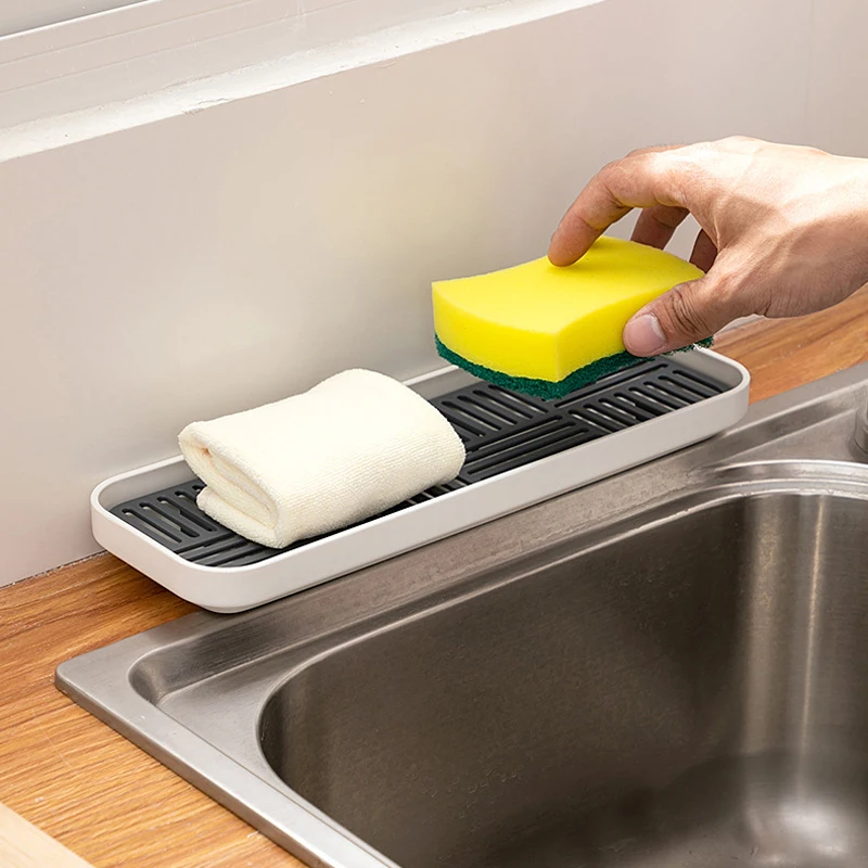 Kitchen Tray Storage Tray Bamboo Organizer Tray Soap Dispenser Tray Sink Soap Storage Rack Sponge Holder Cup Tableware Drain Tray Dish Washing Scrubber Kitchen Storage Trays Home Organizer
