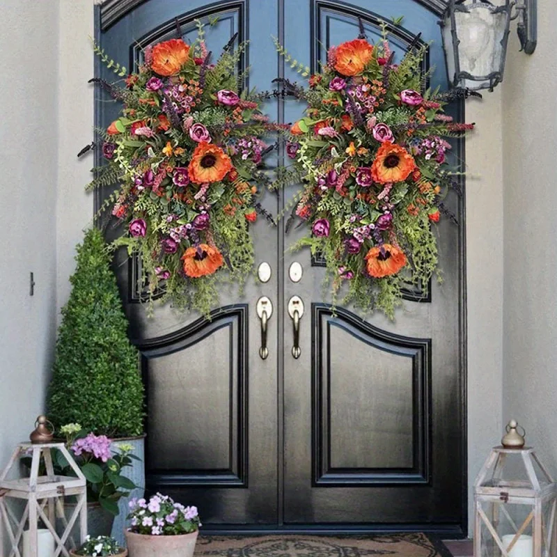 1Pc Bouquet Wreath Spring Summer Fall Wreath Artificial Wreaths for Front Door Indoor Wreaths,Colorful Flowers Perfect Home Deco