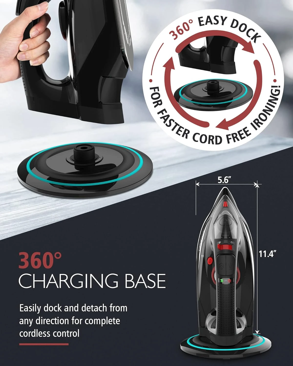 Cordless iron, 1500W cordless iron with steam - with 11.84 oz tank, with ceramic bottom plate and 3 temperature Settings 4