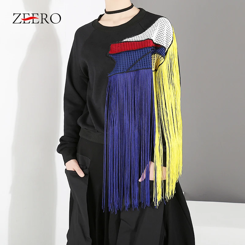 

Spring Autumn Black Runway Women Tassel Sweatshirt Elegant Female Patchwork Long Sleeve Casual T Shirts Tops Blusas Streetwear