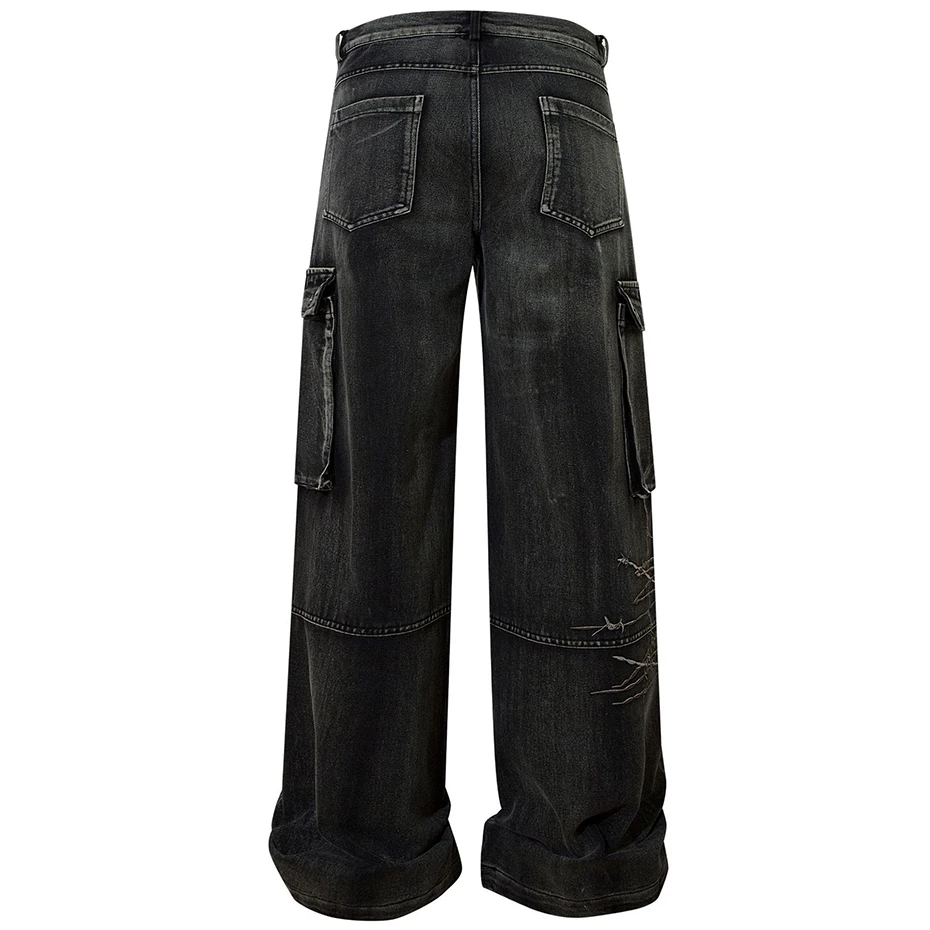 Loose Wide Leg Denim Pants Men Black Baggy Jeans Embroidery Multi Pocket Oversized Cargo Jeans Hip Hop Streetwear Man Jeans 6