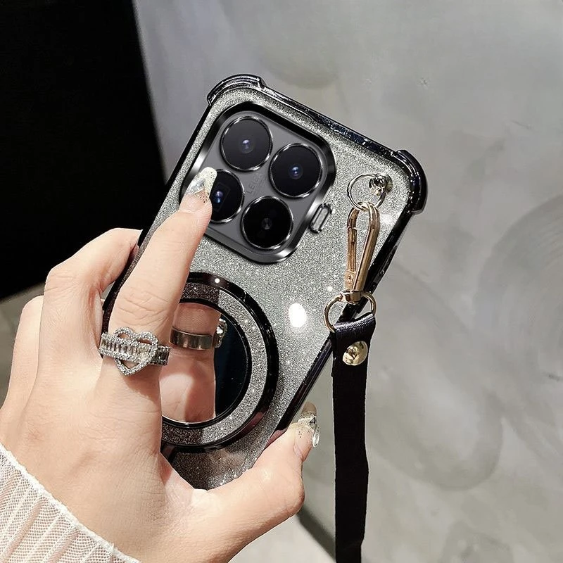 Shockproof Plating Crossbody Lanyard Case with Makeup Mirror Holder