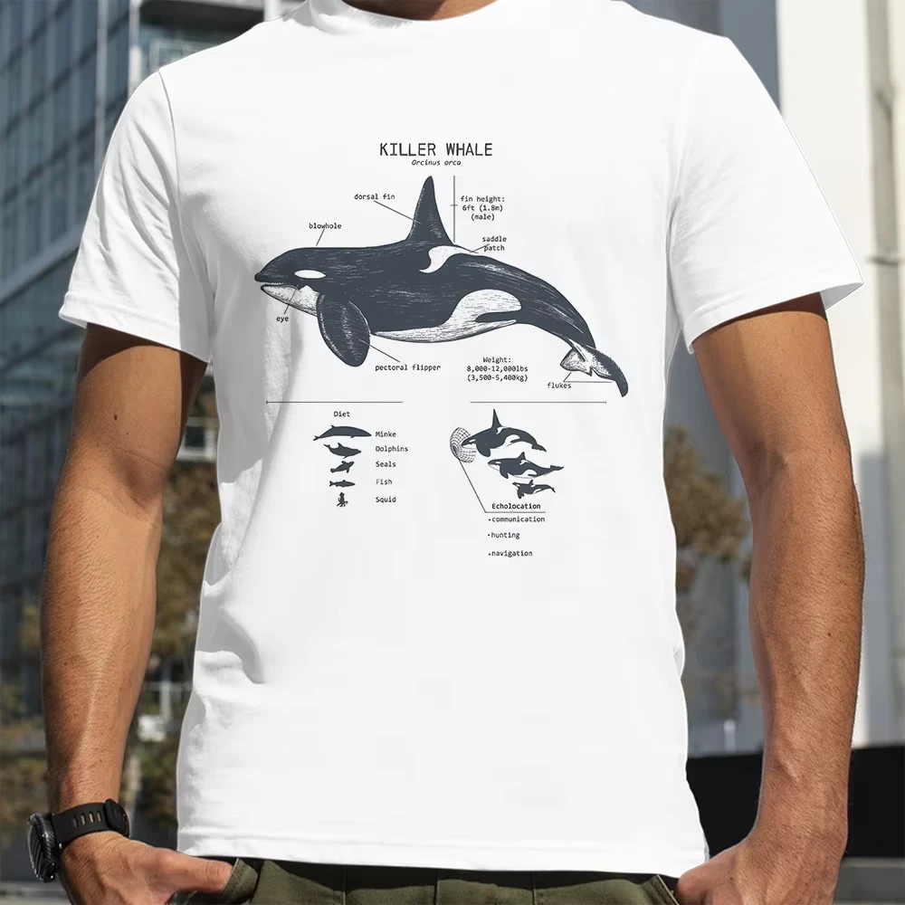 Sommer-T-Shirt mit Orca-Anatomie-Diagramm und Delfin-Liebhaber-Muster, 100 % Baumwollmaterial, geeignet für Männer und Frauen, trendig, vielseitig
