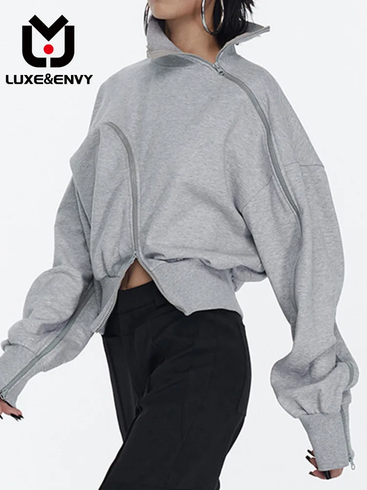 

LUXE&ENVY New Fashion Design Sense Irregular Zipper Front Short Sweater Trendy Women 2023 Autumn