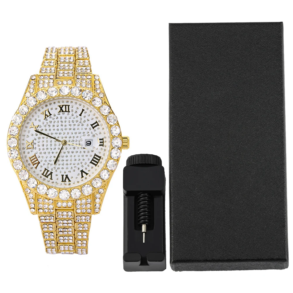 Hip-hop Punk Quartz Watch Stylish Full Diamonds Watch 2 Styles to Choose Bundled Size Adjuster Men Women Party Jewelry Gift Box 6