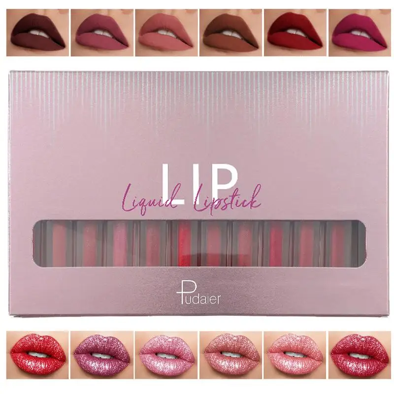 

Fuller Lip Gloss Lip Gloss Set 12pcs High-shine Matte Lipstick Set Long-lasting Waterproof Fine Shimmer Lip Gloss For Dry Lips