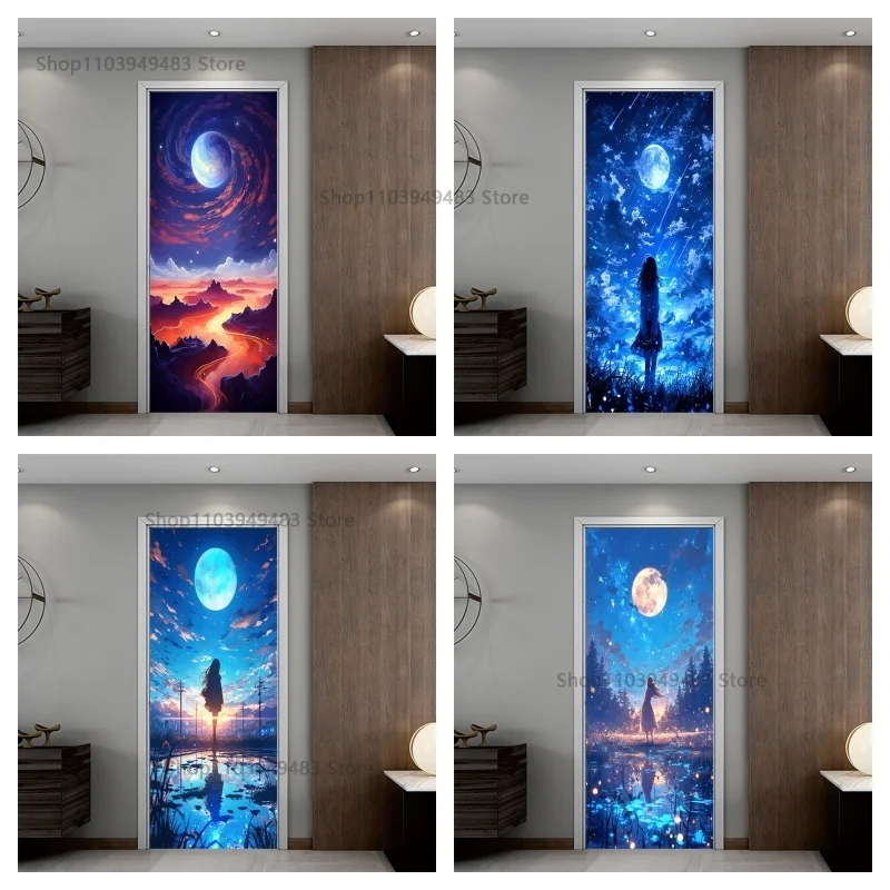 Romantic Starry Night Galaxy Door Mural Self-adhesive Wallpaper for ...