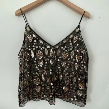 Women's Hot Sweet Sequin Bead Crop Tops Sexy Sling Slim Fit Short V-neck Straight Tank Top Korean Fashion Y2k Clothing 1