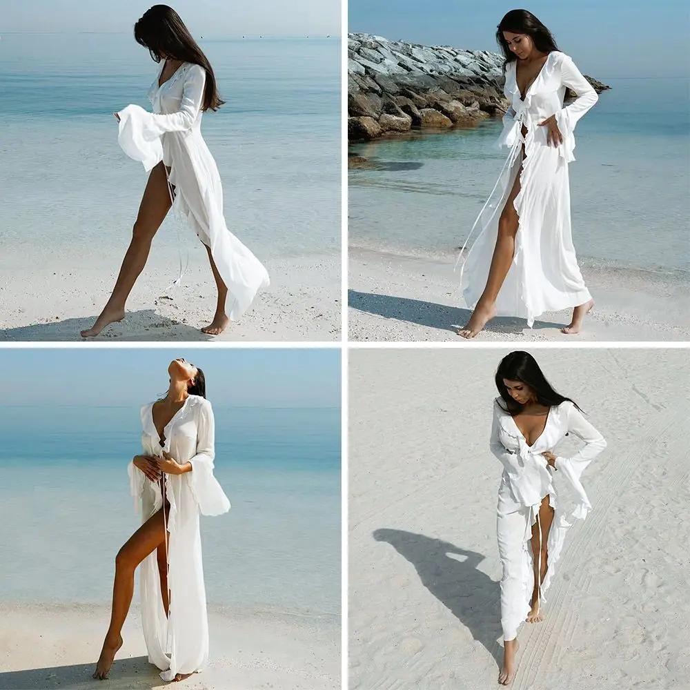 Fashion V Neck Summer Beach Cover Up Ruffled Long Sleeve Beach Dress Bathing Suit Vacation Bikini Sunscreen Smock for Women 4