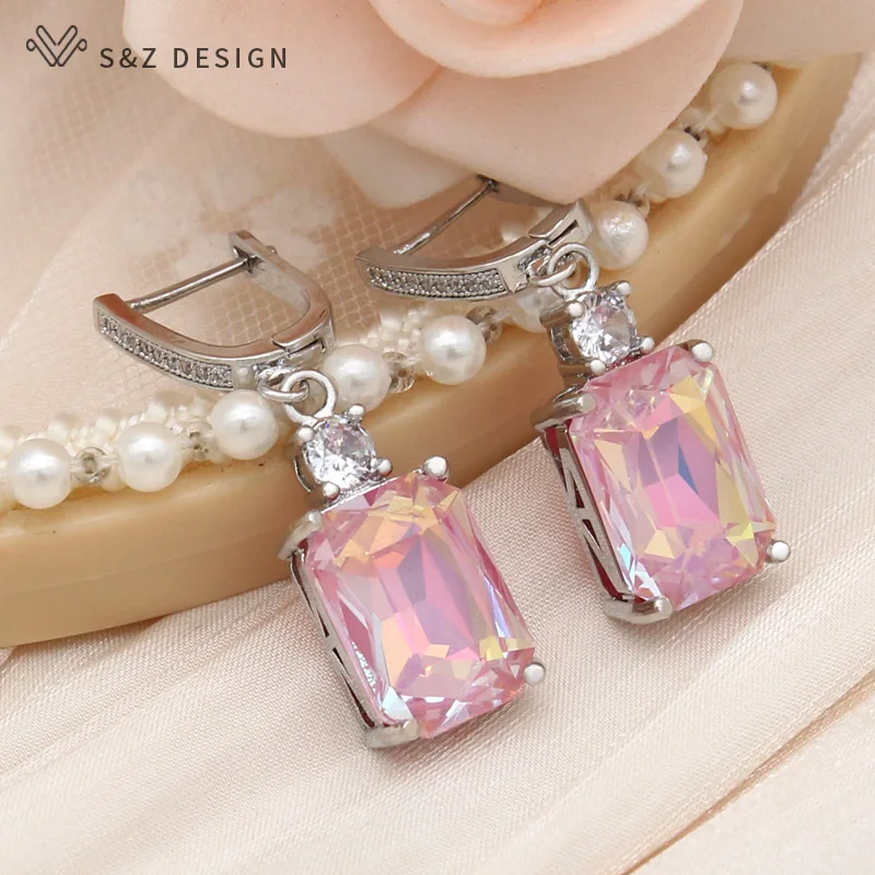 S&Z DESIGN New Fashion 585 Rose Gold Color Rectangle Crystal Dangle Earrings For Women Wedding Cubic Zirconia Eardrop Jewelry