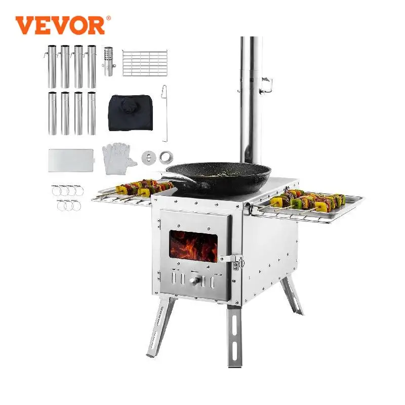 VEVOR Wood Stove 86 in Stainless Steel Camping Tent StovePortable Wood Burning Stove with Chimney Pipes & Gloves3000in³Firebox