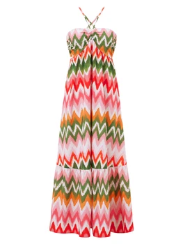 Women Maternity Summer Dress Casual Wave Stripe Print Cross Straps Backless A-Line Dress for Pregnancy Clothes 2