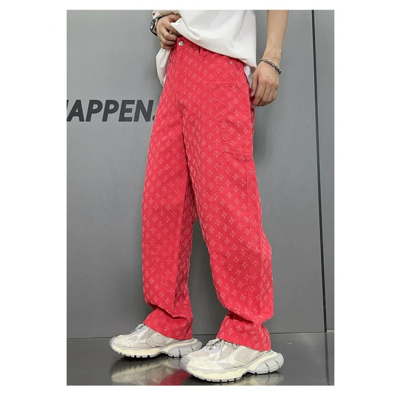 Y2K street personality retro jacquard jeans men's wide-legged jeans fashion street shoot loose enamel red pantalones hombre