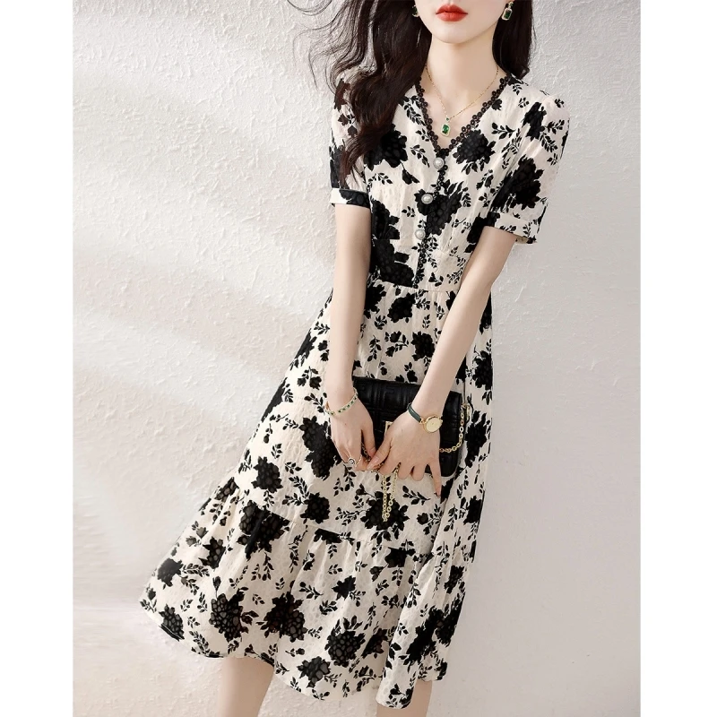 

Chiffon Floral Women's Dress Fashion Summer Dresses 2024 V-Neck Lace Slim Fit Mid Length Women A-Line Skirt Vestidos Para Mujer
