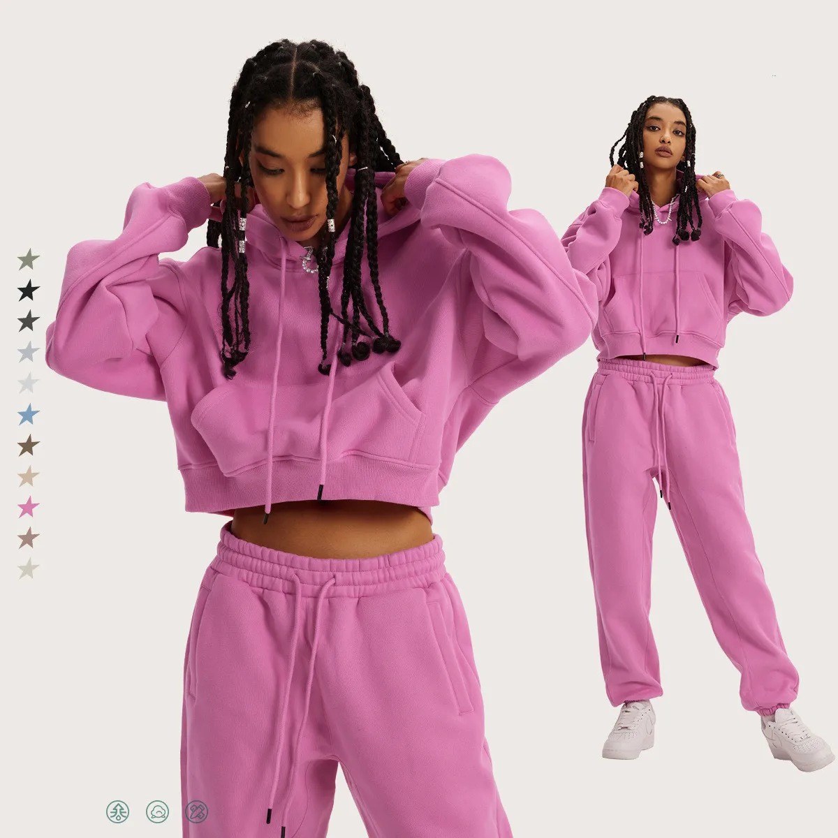 2024 Spring Women Suit Tracksuit Pink Long Sleeve Hoodies Loose Pants Set Female Winter Warm Thicken Cool Casual Sport Set Lady women spring autumn poncho shawl lady knitted hollowed designs hoodies wrap solid color pullover sweater with tassels drop ship