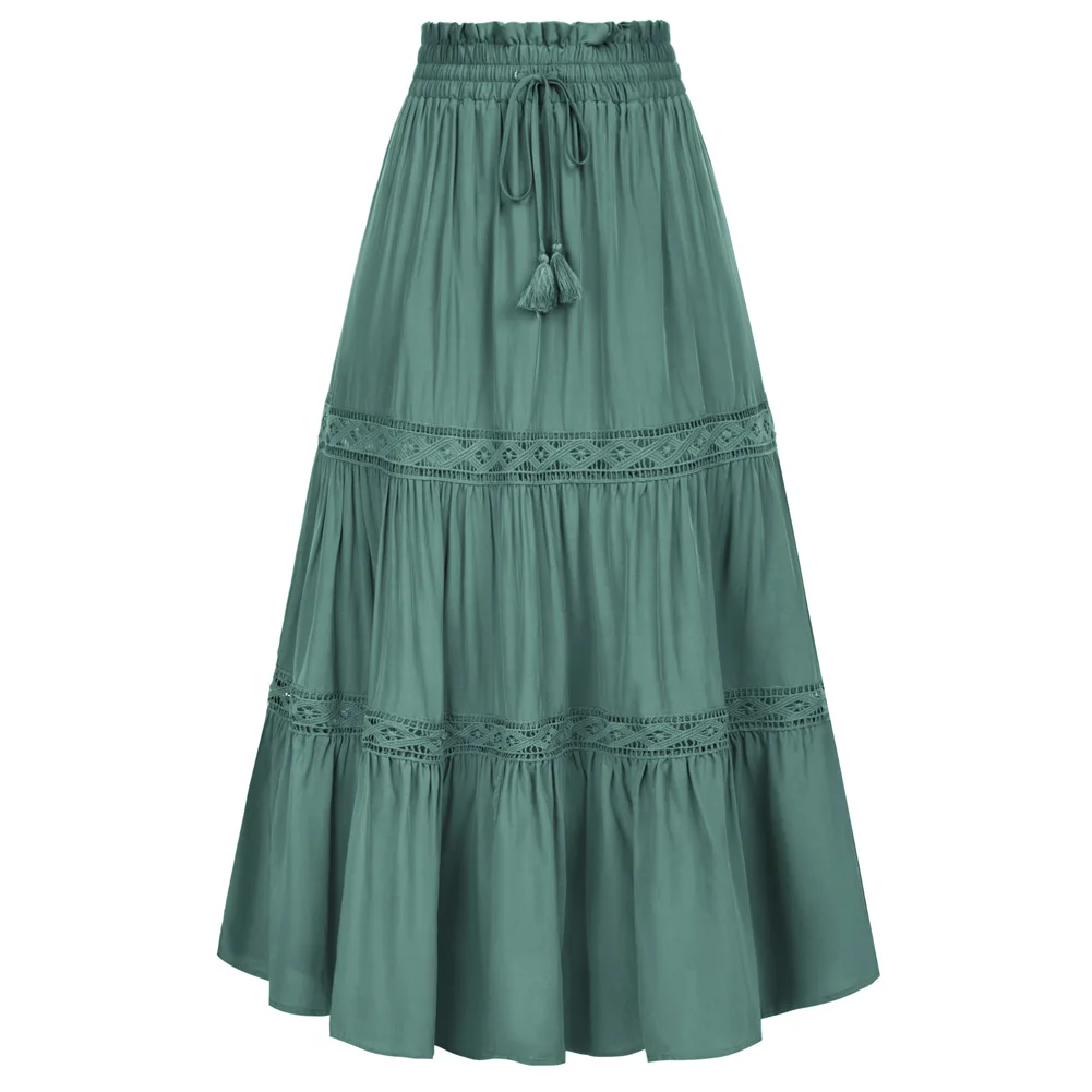 

SD Women Tiered Swing Skirt Elastic Drawstring Waist Flared A-Line Maxi Skirt