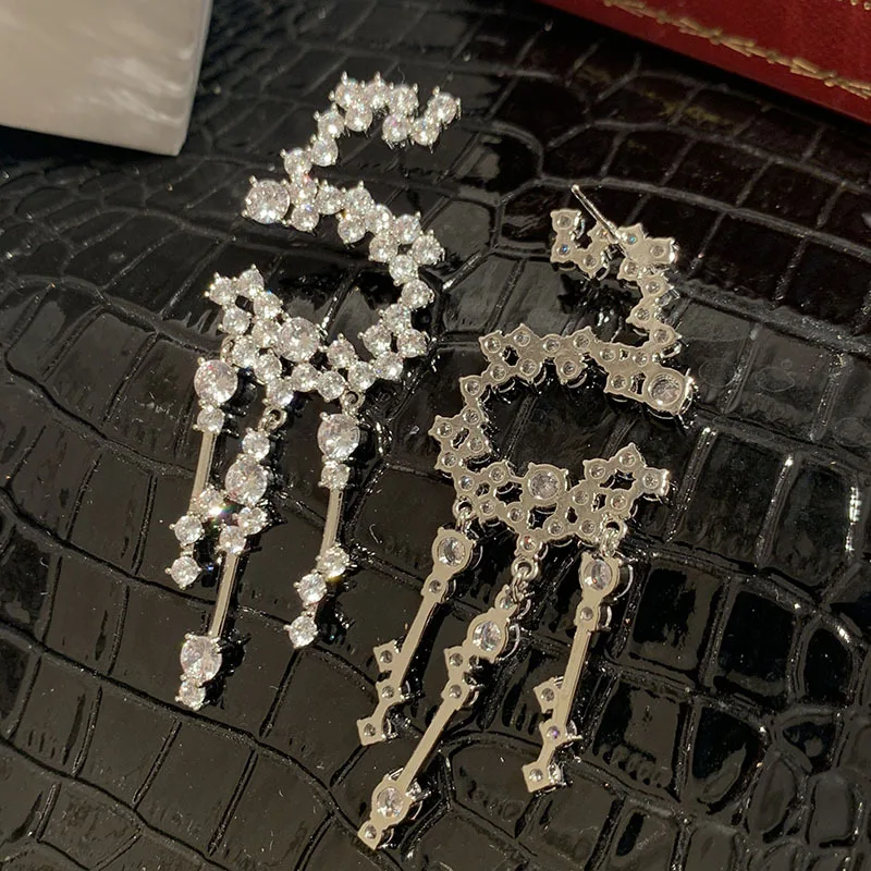 Luxury Exaggerate 5 Number Cubic Zirconia Tassel Dangle Drop Earrings for Women Big Crystal Wedding Party Fashion Jewelry Gift