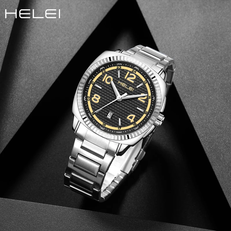 HELEI hot sale new men's watches men's large digital dial fashion quartz watch waterproof stainless steel strap gift for men