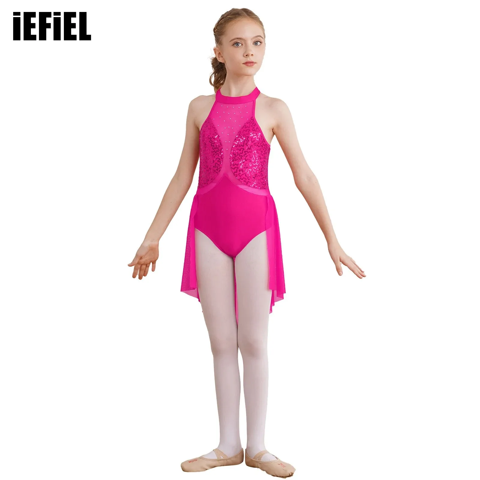 

Kids Girls Sheer Mesh Ballet Dress Sparkly Sequin Patchwork Dance Dress Keyhole Back Sleeveless Dresses for Figure Skating