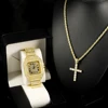 3pcs Stylish Jewelry Set Hip-hop Punk Inlay Diamond Square Quartz Watch With Cross Pendant Necklace For Men Women Party Gift Box 1