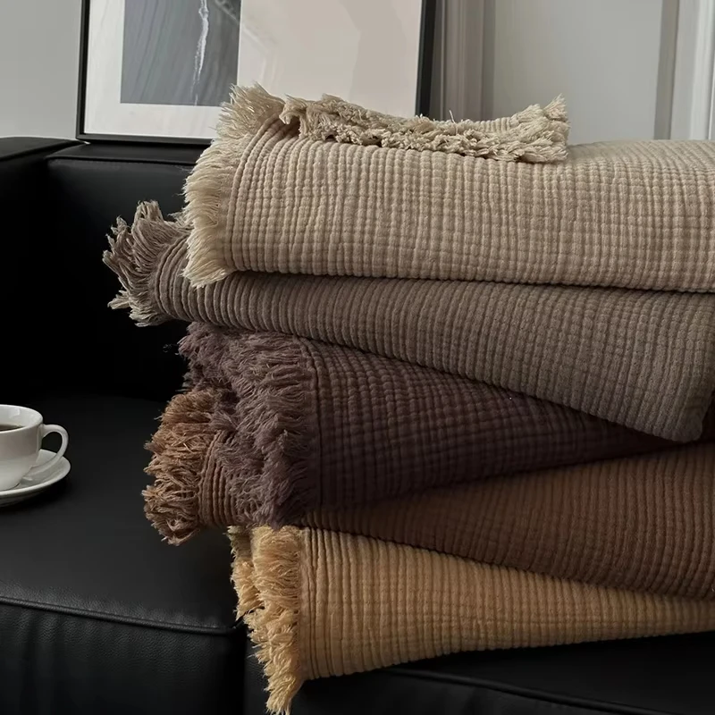 Four-Layer Crepe Yarn Tassel Cotton Blanket Gauze Nap Thin Blanket Living Room Office Car Camping Nap Blanket Available Coraline 3