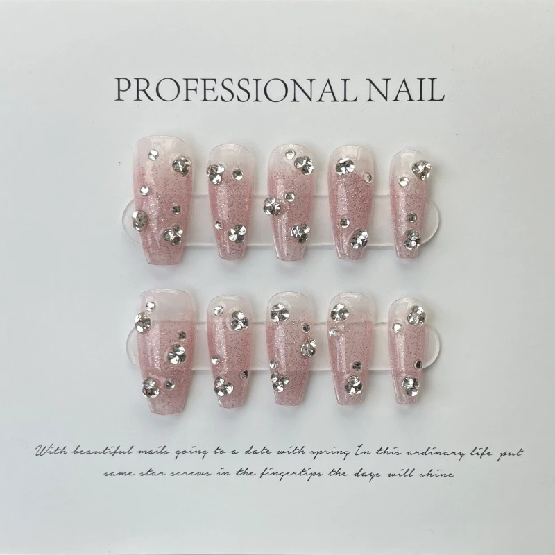 Handmade Korean Press on Nails with Rhinestone Glitter Design Reusable Adhesive False Nails
