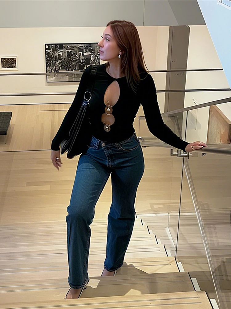 Nibber Simple Sexy Metal Trim t-Shirt Women o-Neck Hollow Long Sleeve Skinny Autumn Fashion Streetwear Elasticity Commut Tops