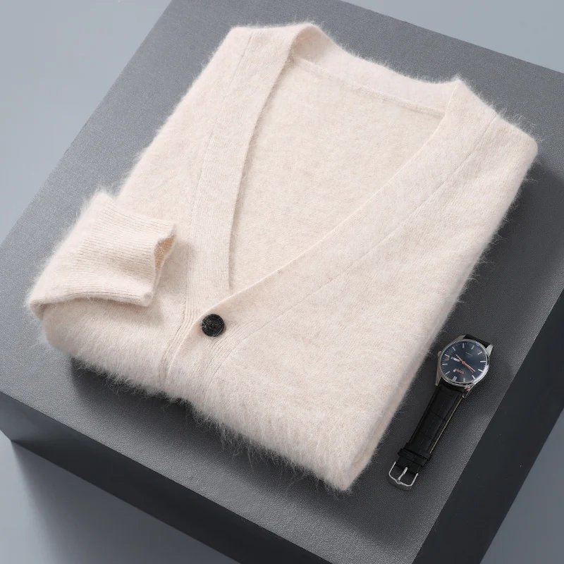 2023 Autumn Winter New Cardigan Men's V-Neck Top 100% Mink Cashmere Knitted Sweater Casual Loose Large Long Sleeved shirt Jacket 2
