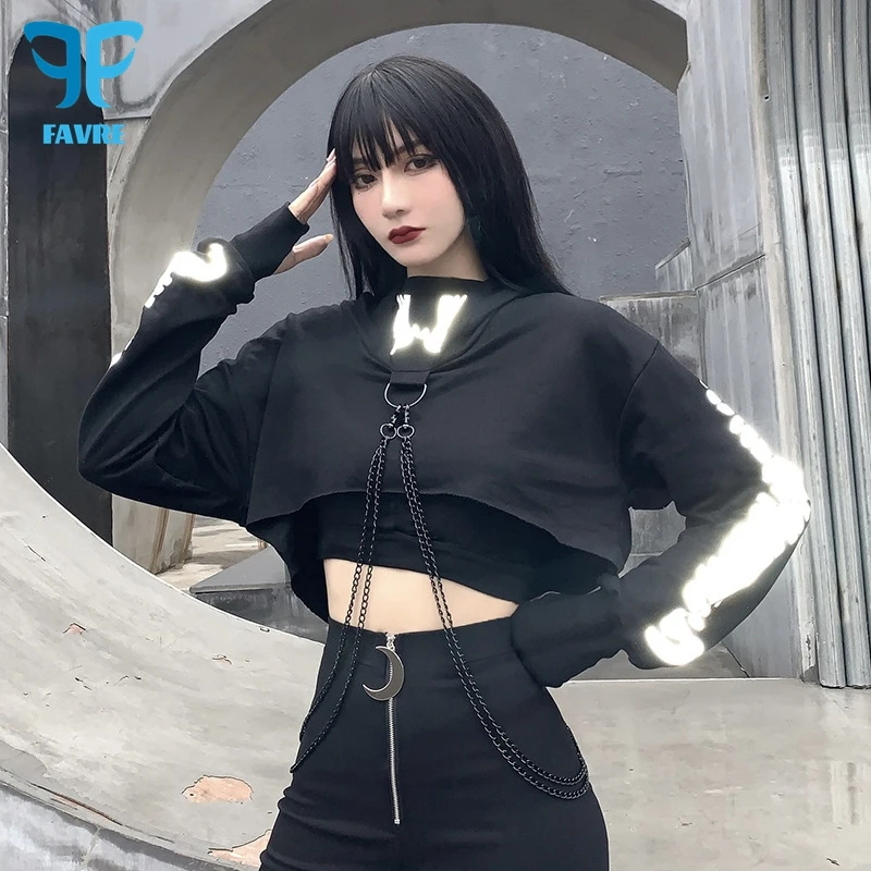 

Женские Светоотражающие толстовки FAVRE Y2K, свободные худи с принтом в виде рыбьих костей, повседневные укороченные пуловеры в европейском и американском стиле для весны и осени